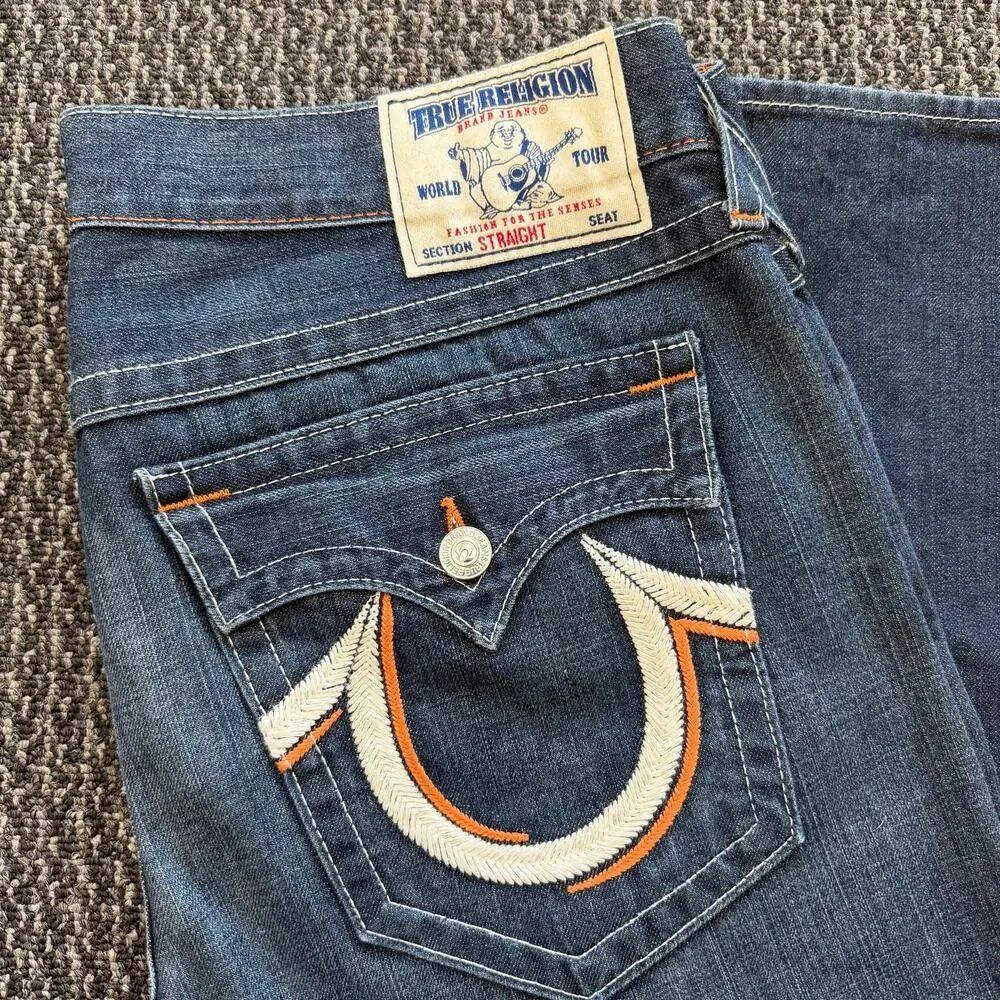True Religion Straight Jeans Mens Dark Wash Relaxed Straight Flap Pocket 38x33